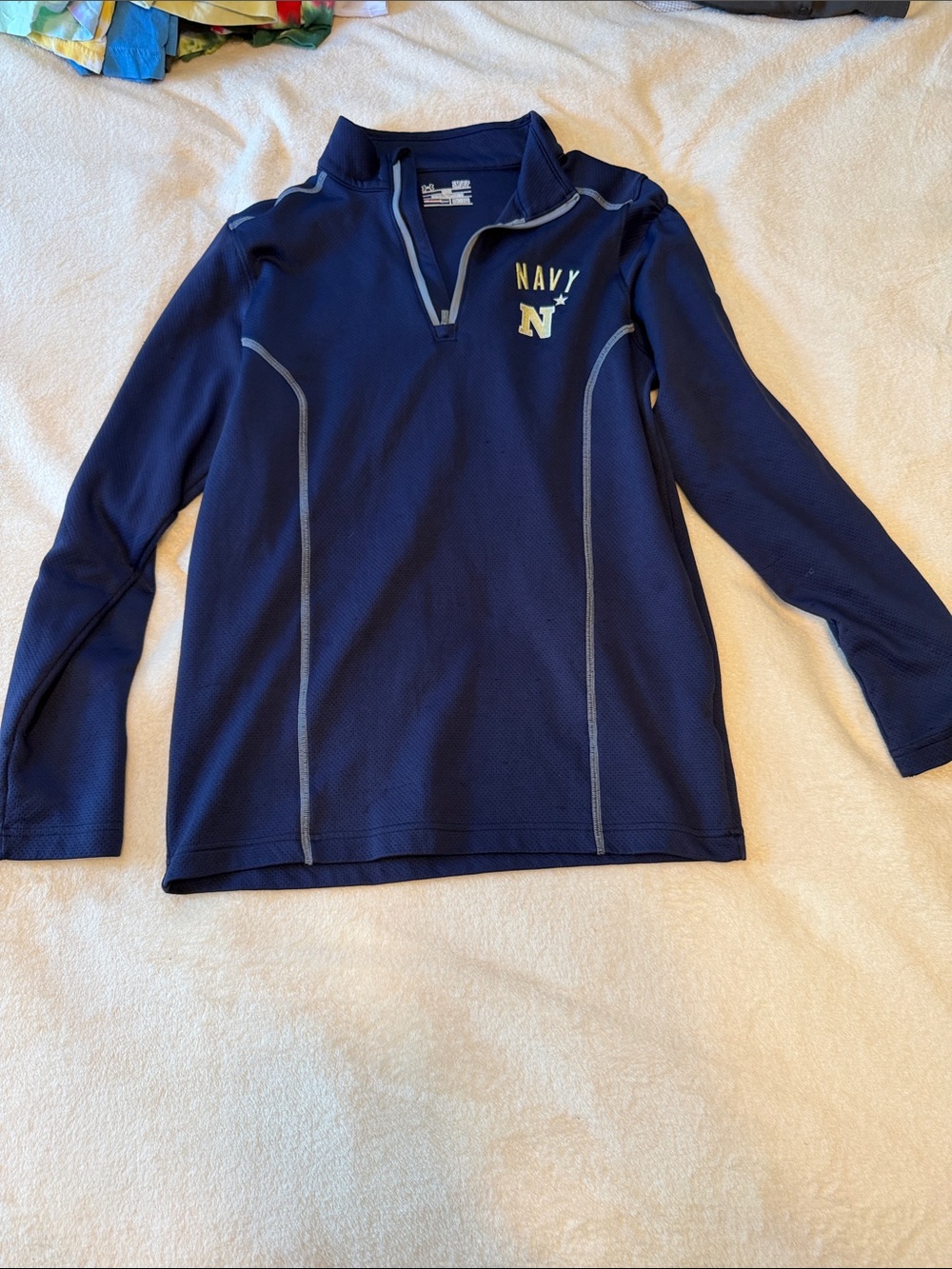 Navy Blue Quarter-Zip Pullover with 'Navy N' Logo. Size men’s small